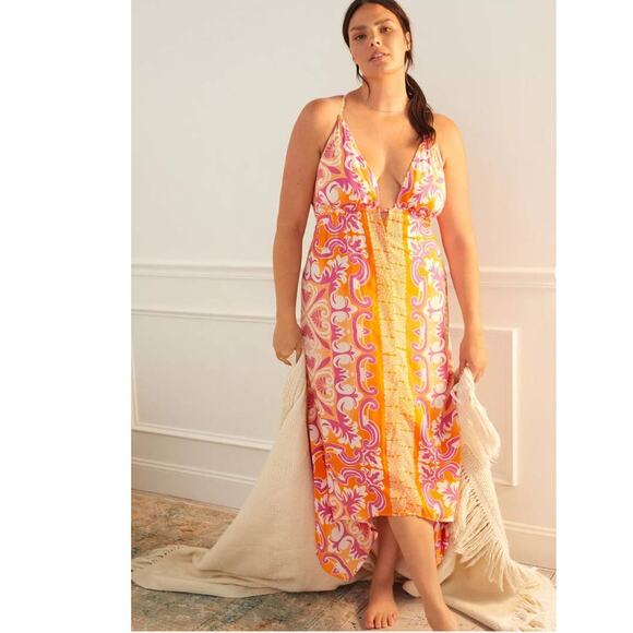 New Anthropologie Abstract Island Midi Cover-Up Dress $120 PLUS 1X Orange Motif - Picture 2 of 6
